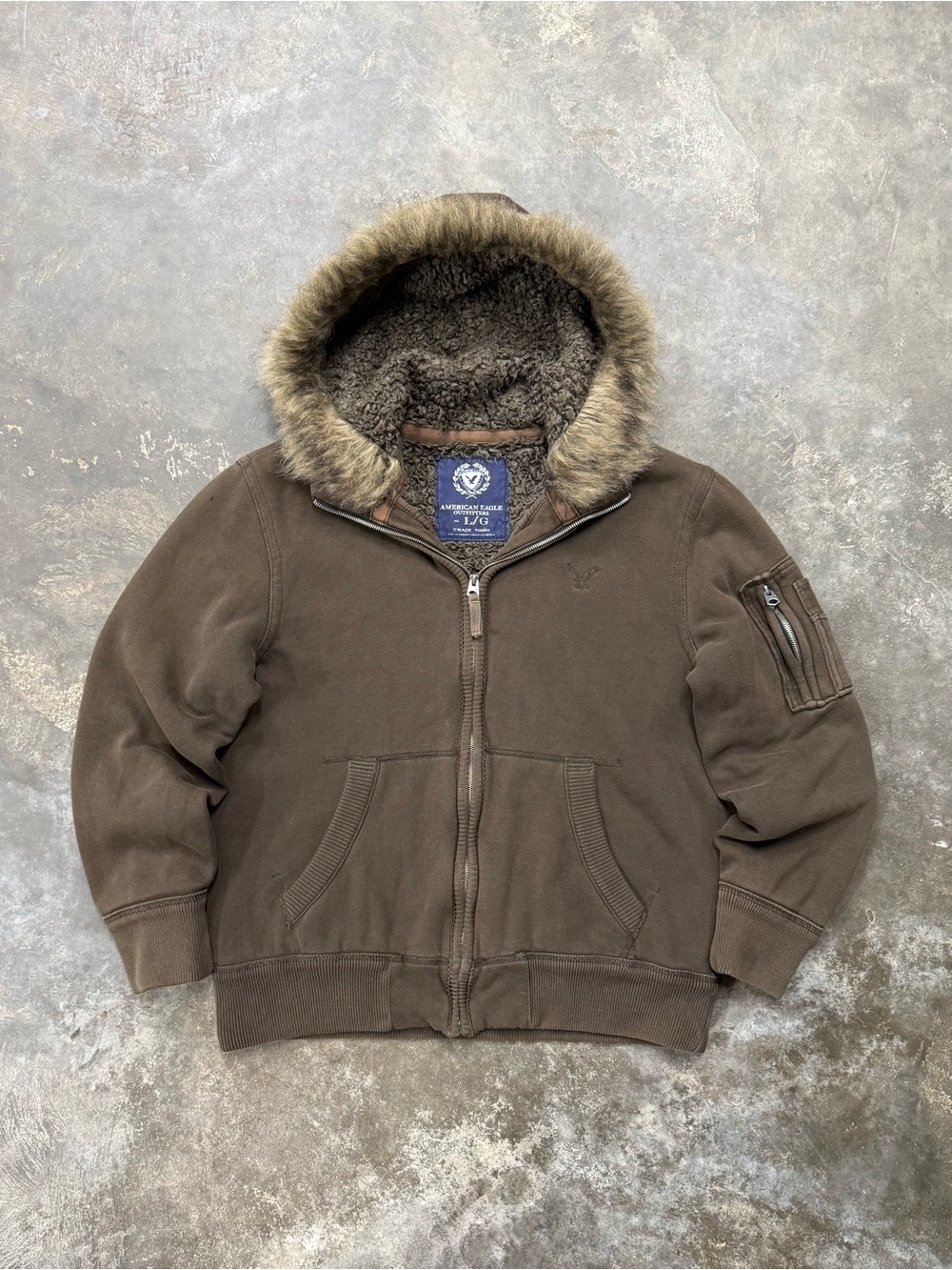 Vintage Y2K American Eagle Sherpa Fur Hood Military Jacket Mens L